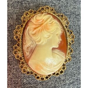 Vintage Gold Tone Oval Cameo Brooch Women's Orange cream romantic‎ Victorian